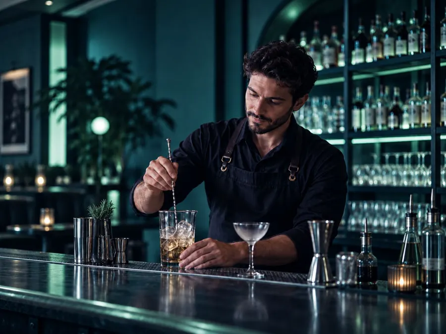 Bartender che mescola nel mixing glass dietro un bancone in penombra