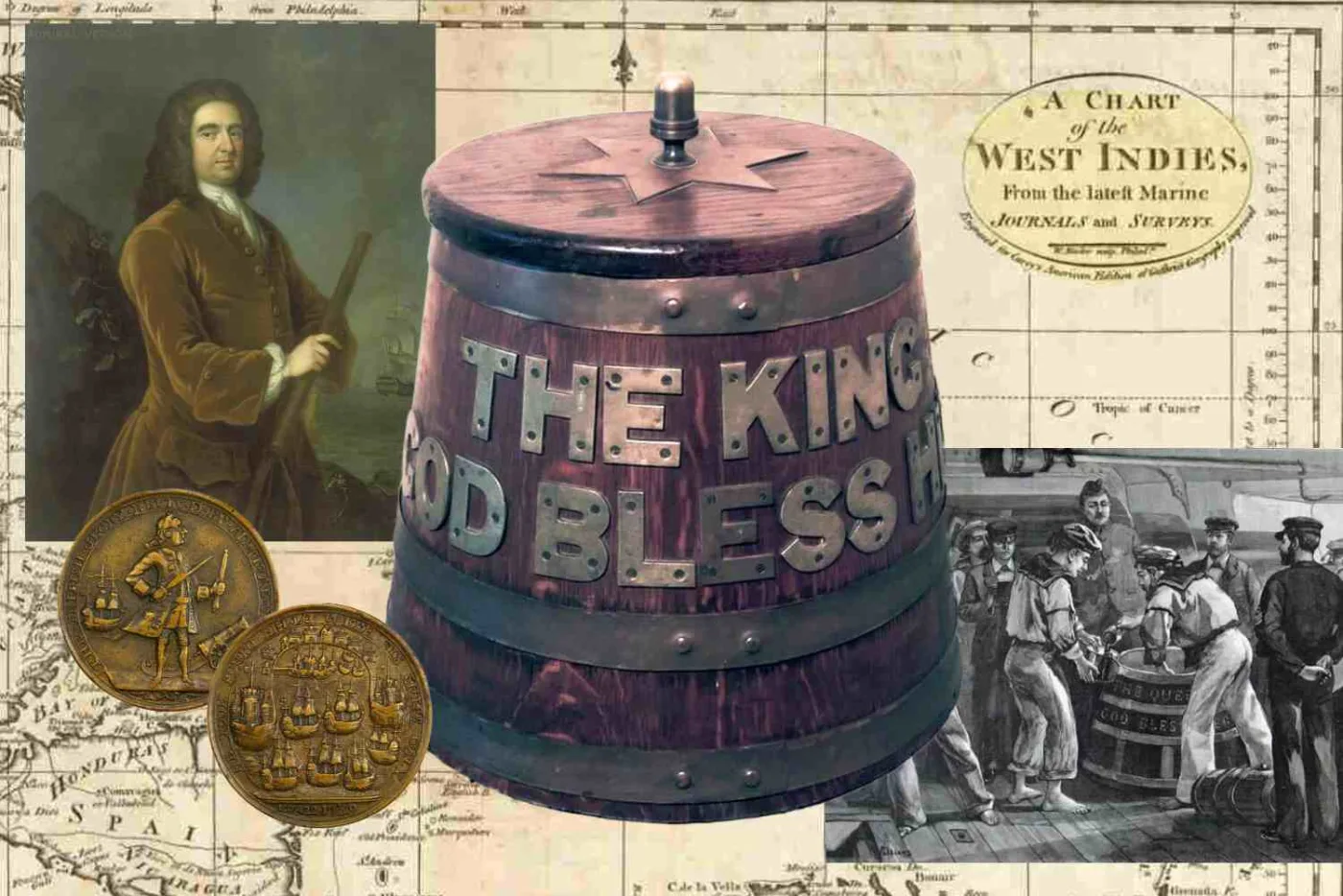 Collage con il barile del Grog con la scritta The King God Bless Him, il ritratto dell'ammiraglio Vernon, medaglie d'epoca, una mappa delle Indie Occidentali e una stampa della distribuzione del rum