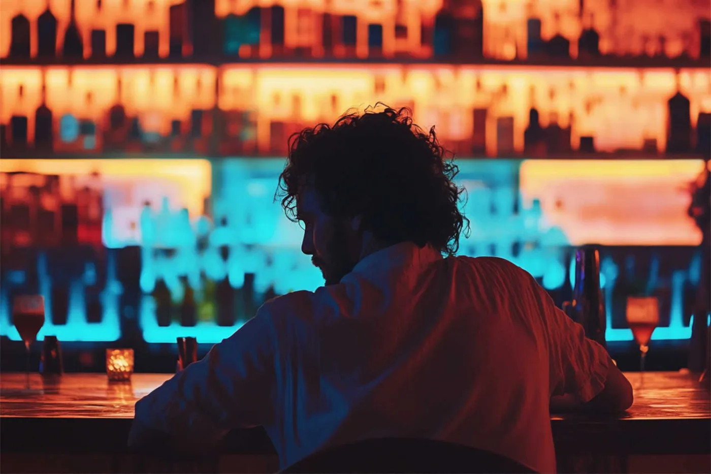 Un uomo con camicia chiara e capelli ricci, visto di spalle, seduto al bancone di un bar con una parete di bottiglie retroilluminate in arancione e azzurro