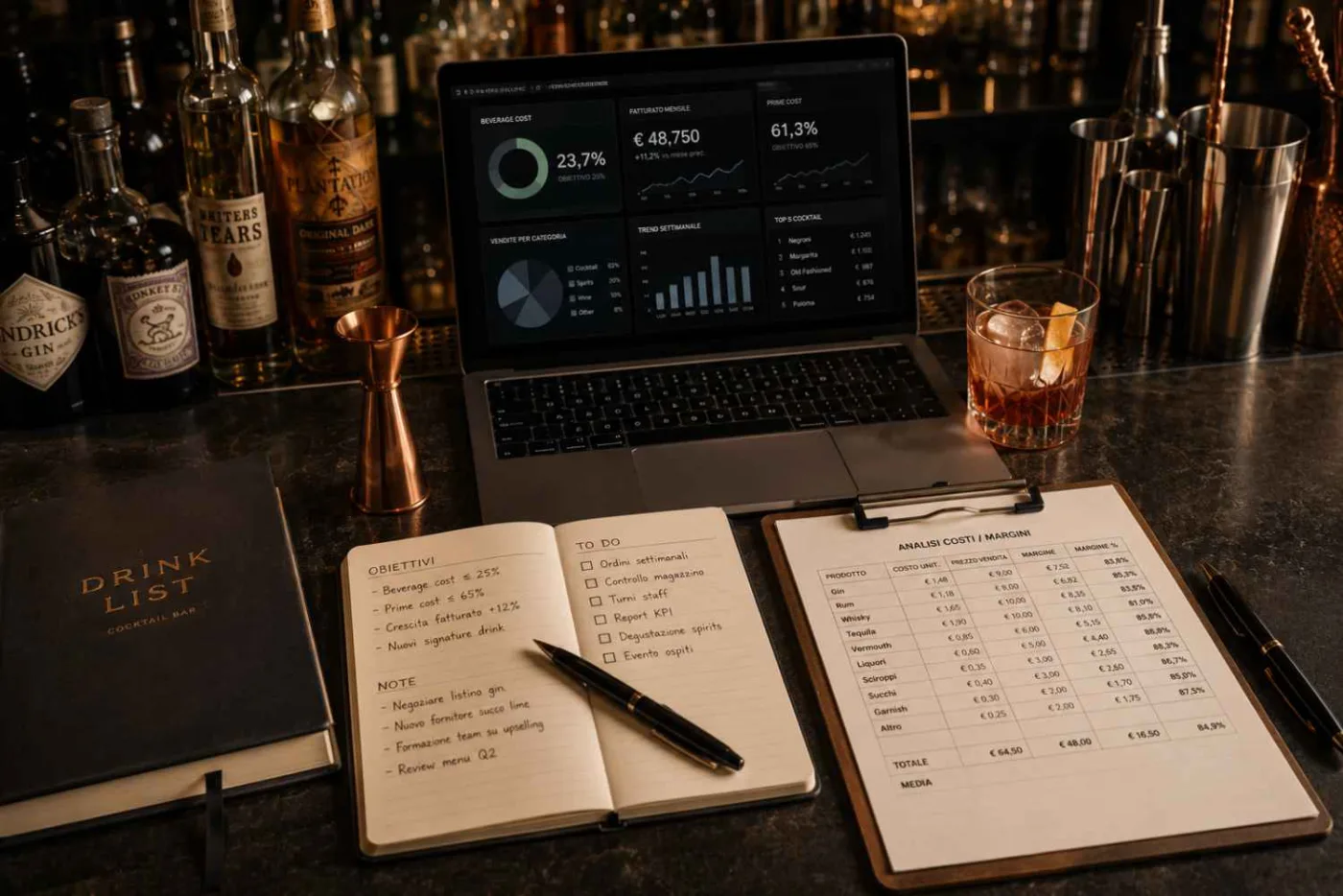 Bancone di un bar con laptop, taccuino, drink list e un Old Fashioned: gli strumenti del bar manager