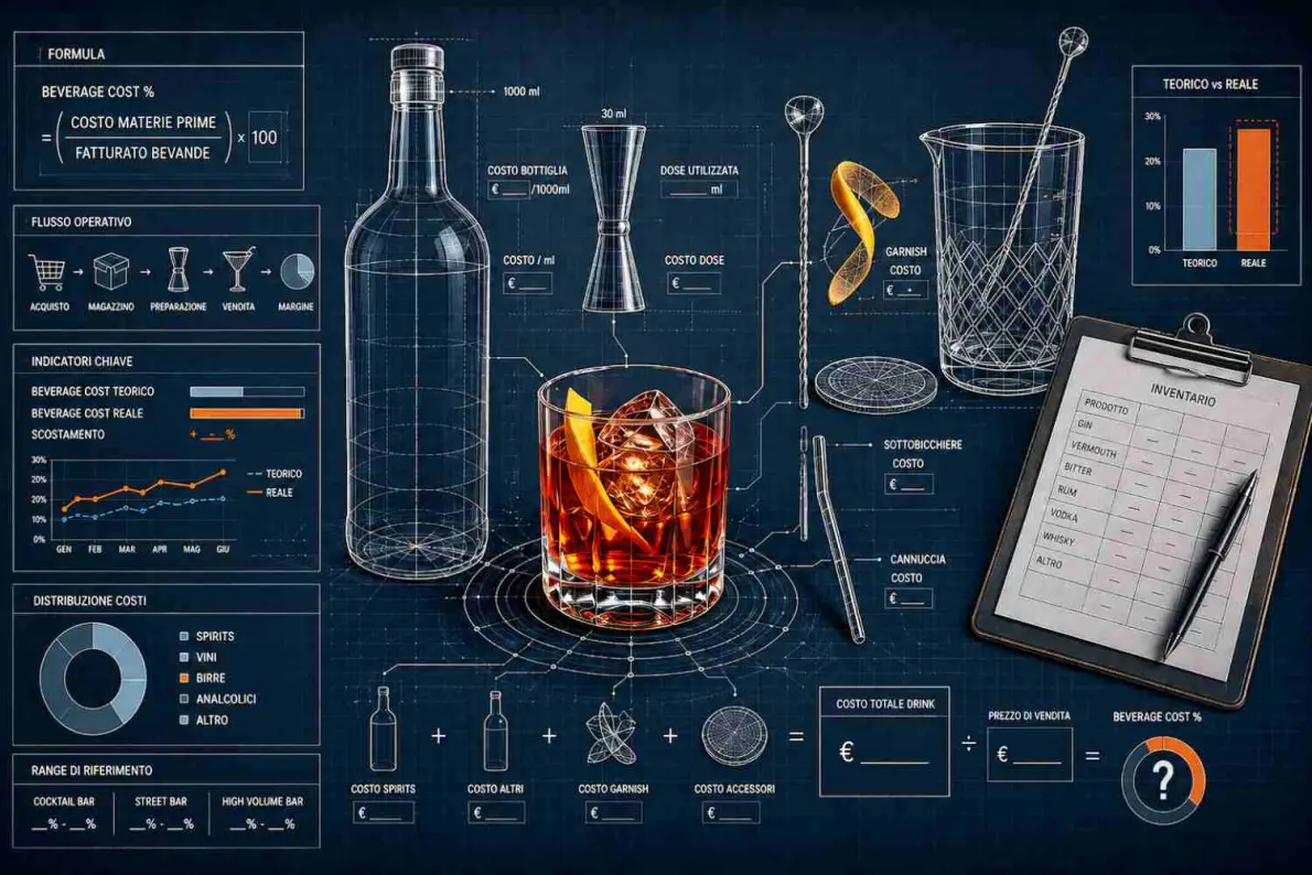 Infografica in stile blueprint sul beverage cost: formula, flusso operativo, indicatori teorico e reale, distribuzione dei costi, un Negroni al centro con bottiglia, jigger, bar spoon e mixing glass, e un foglio di inventario su una clipboard