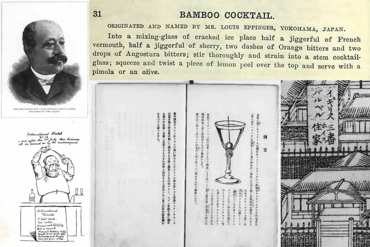 Collage con il ritratto di Louis Eppinger, la ricetta stampata del Bamboo Cocktail, la caricatura di Purvis, le pagine di un libro giapponese di cocktail e una stampa di Yokohama