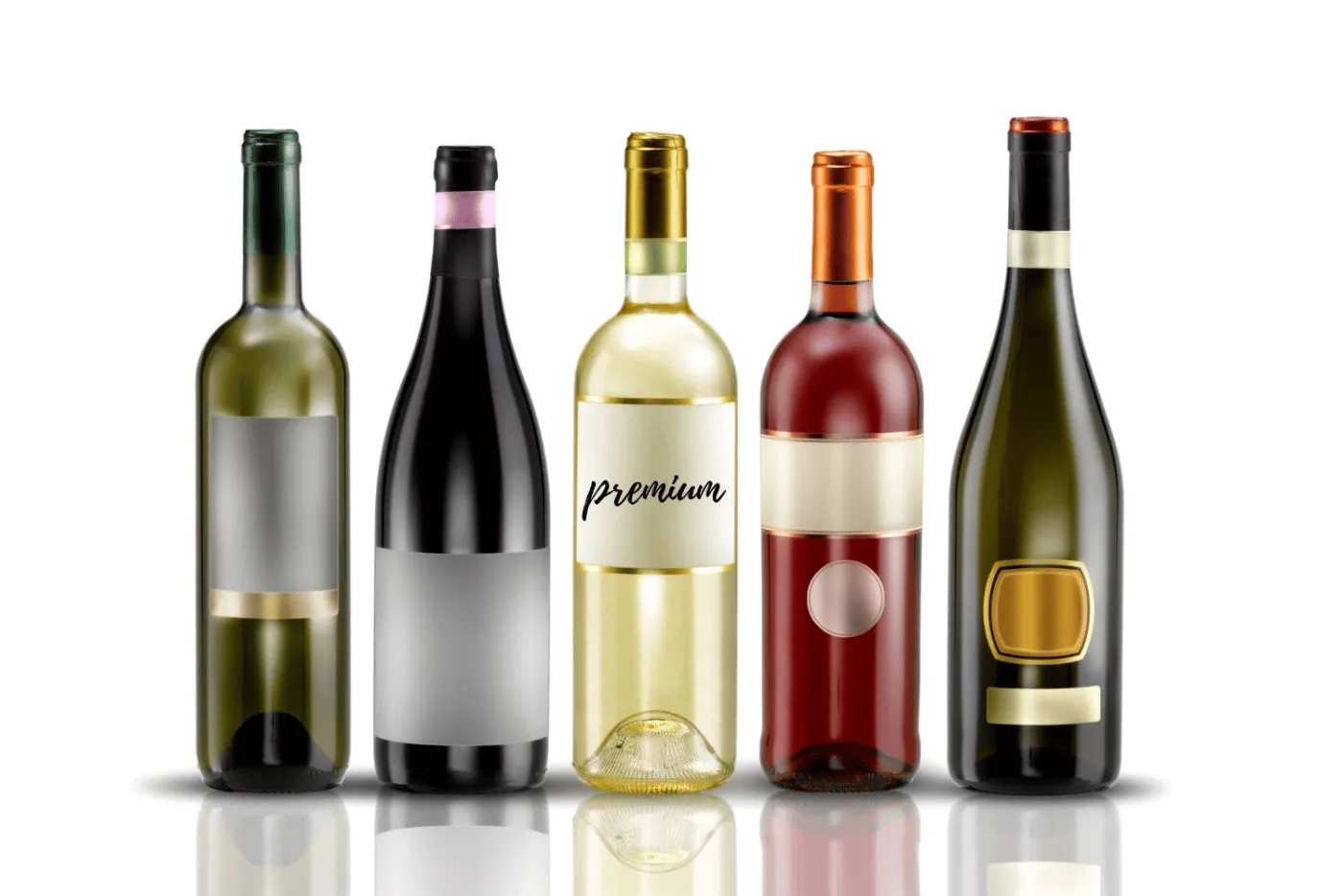 Cinque bottiglie di vino allineate su fondo bianco con etichette vuote, quella centrale con la scritta in corsivo Premium