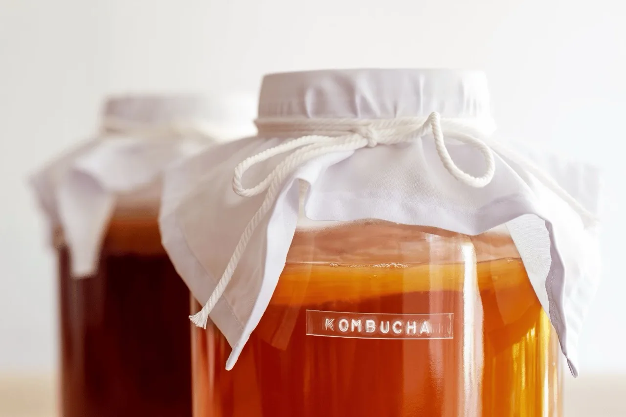 Due barattoli di kombucha in fermentazione coperti con teli bianchi legati con lo spago