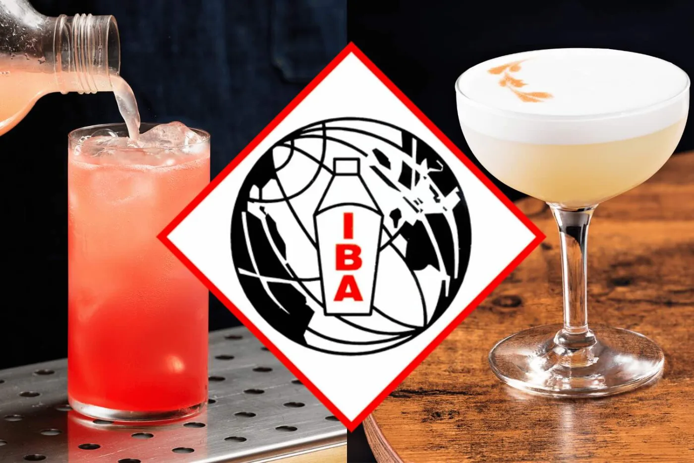 Il logo dell'IBA tra un long drink rosa versato da una bottiglia e un sour in coppetta con schiuma bianca