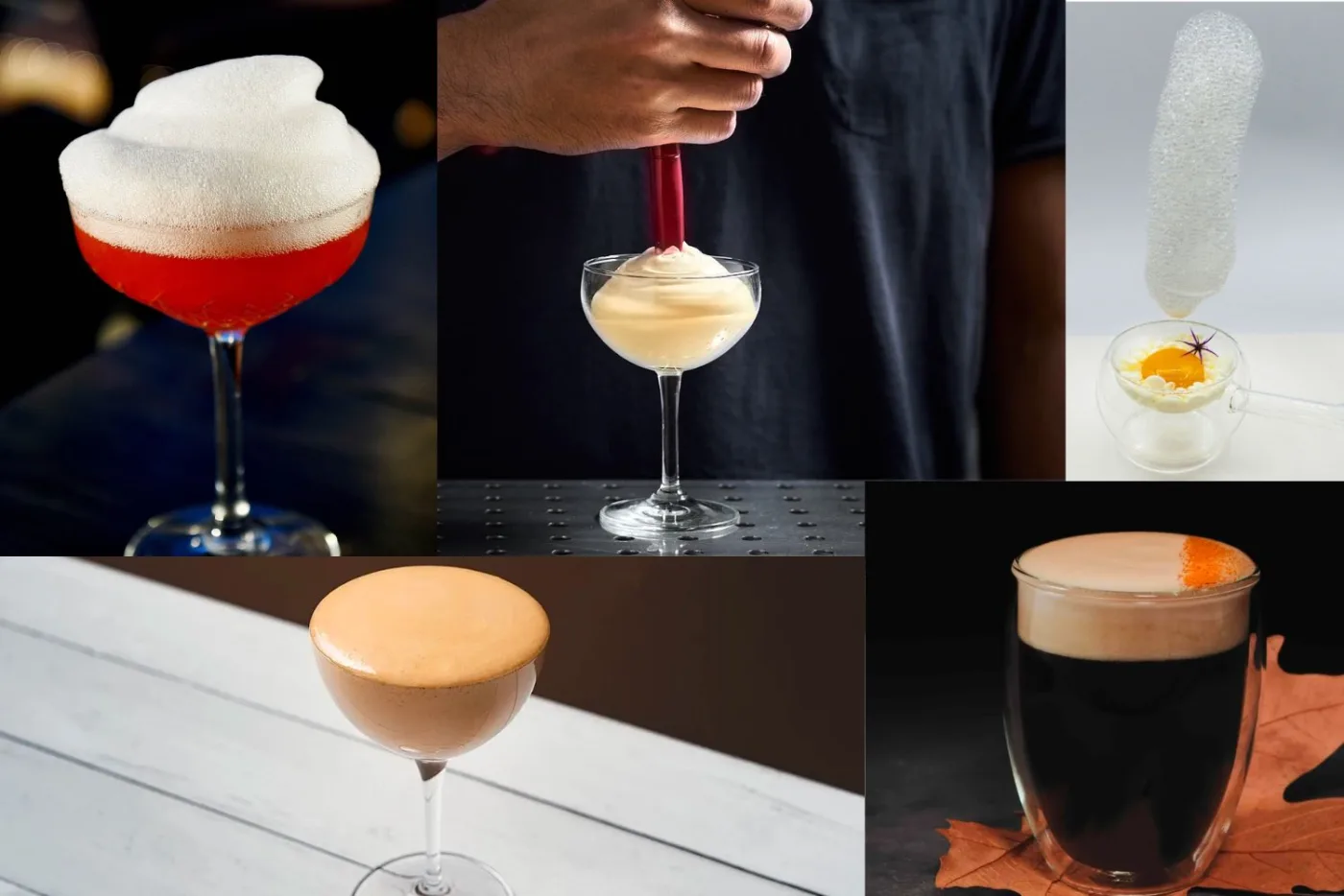 Collage di cocktail con diversi tipi di schiume: foam su un sour rosso, spuma al sifone, aria vaporosa, velluto cremoso e schiuma su drink scuro