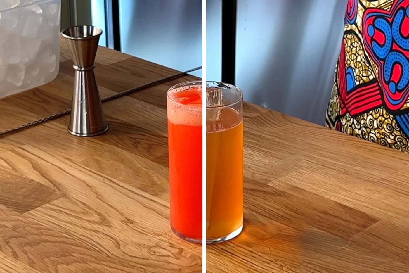 Confronto tra le due versioni del cocktail Perché Sì: rosso vivo con fragole fresche e ambrato con vino di fragole fermentate