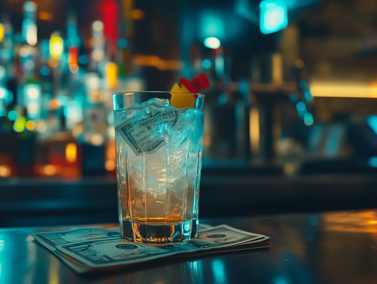 Un bicchiere highball pieno di ghiaccio con una banconota da un dollaro infilata dentro e una ciliegia sul bordo, appoggiato su banconote da cento dollari sul bancone di un bar dalle luci colorate
