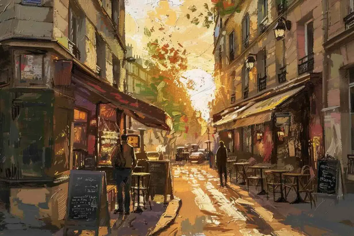 Dipinto a olio di una strada di città al tramonto con un bar all'angolo, tende arancioni, lavagne con il menu, tavolini e sedie all'aperto e passanti
