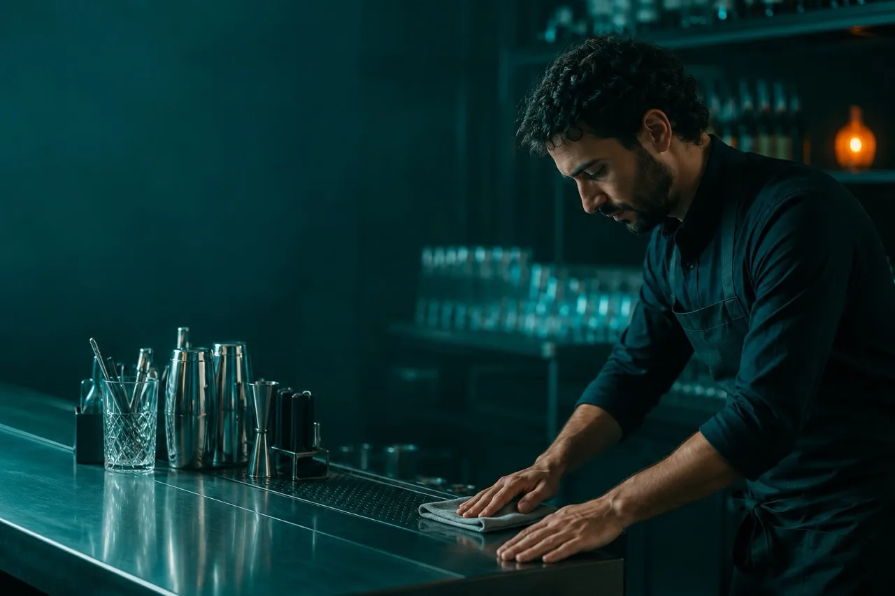Un barman con camicia scura pulisce con un panno il bancone in acciaio di un bar, con shaker, jigger e bicchieri in primo piano