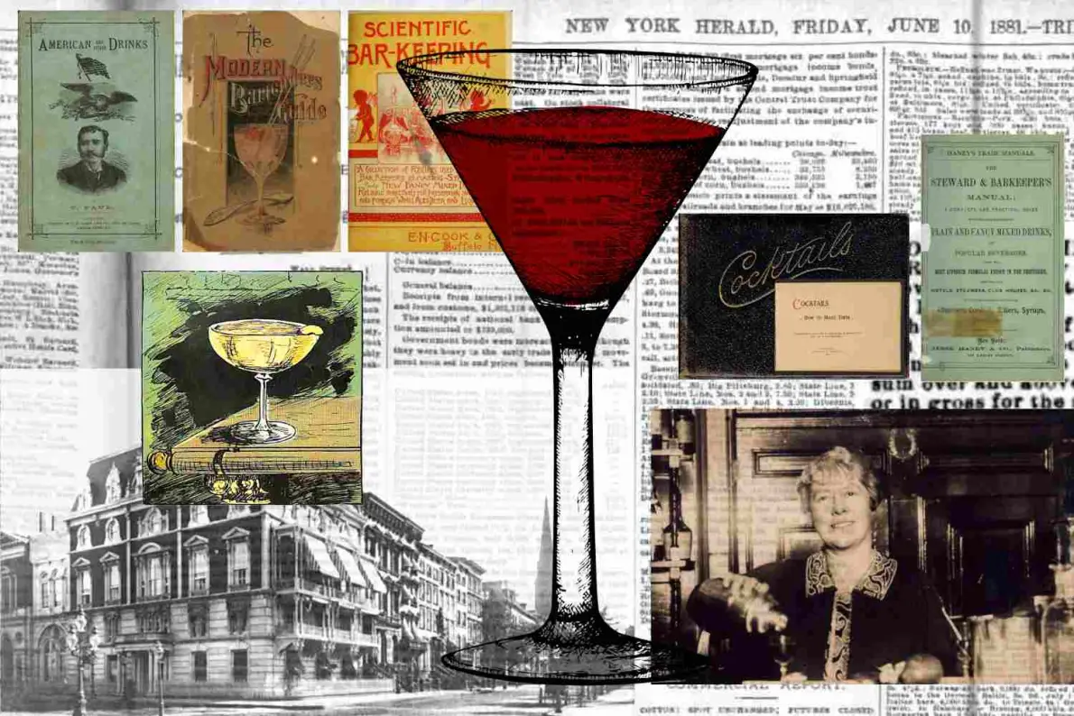 Collage con un disegno di coppa Martini rossa, le copertine dei manuali del 1884, il New York Herald del 1881, la villa Jerome e Ada Coleman con lo shaker