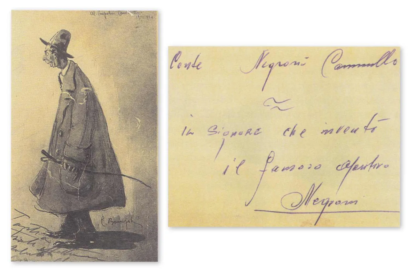 una cartolina con la caricatura del conte Camillo Negroni realizzata da Bonfantini nel 1926. Sul retro dell’opera si legge: “Conte Negroni Camillo - Il signore che inventò il famoso aperitivo Negroni.”