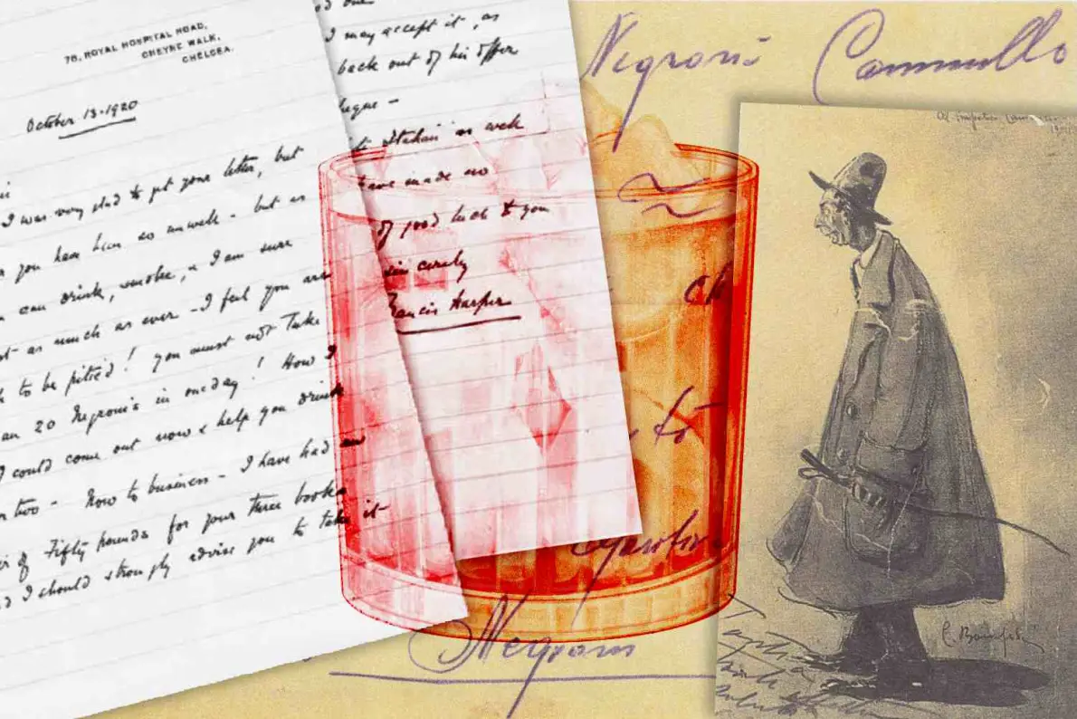 Collage con la lettera del 1920 di Francis Harper a Camillo Negroni, un disegno di Negroni con ghiaccio e la caricatura del conte di Bonfantini
