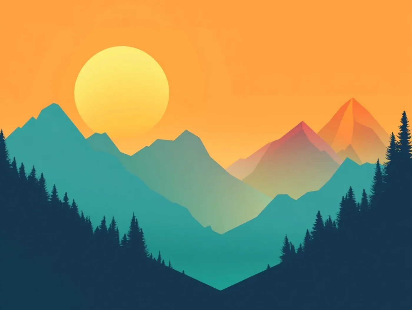 Illustrazione stilizzata di un paesaggio con un grande sole giallo su cielo arancione, montagne verde acqua e rosa e silhouette scure di abeti in primo piano
