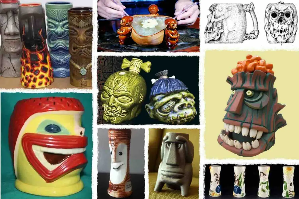 Collage di Tiki Mug in ceramica: totem, teschi, volti stilizzati, una mug a forma di testa gialla e rossa e una bowl decorata