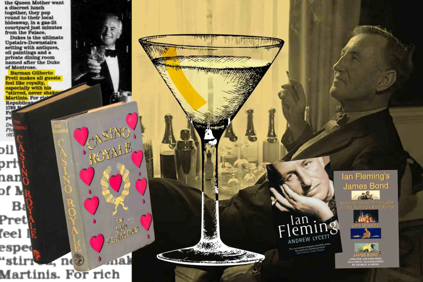 Collage con la prima edizione di Casino Royale, un disegno di coppa Martini con scorza di limone, Ian Fleming con la sigaretta, un ritaglio di giornale su Gilberto Preti e i libri di Lycett e Griswold