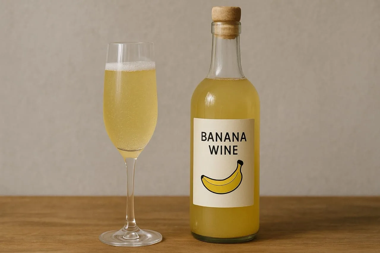 Bottiglia di vino di banana home made accanto a un calice pieno, giallo e leggermente velato