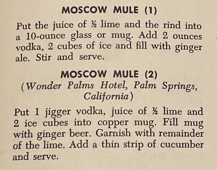 Storia del Moscow Mule. Stralcio del Libro Esquire Drink Book del 1957 dove si vede l'utilizzo del cetriolo nel Moscow Mule.