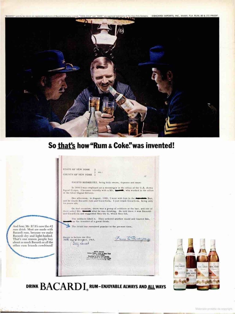 Storia del Cuba Libre. Una pubblicità del rum e coca di bacardi.