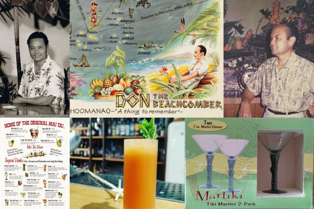 Un collage di foto sul tiki: cocktail zombie, menù originali, mariano licune, ray buhen e le martiki