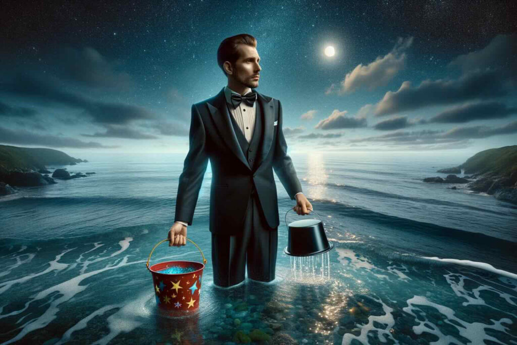un'immagine digitale di uno scenario di mare notturno. Un bartender in riva al mare con l'acqua alle ginocchia che regge un secchiello colorato