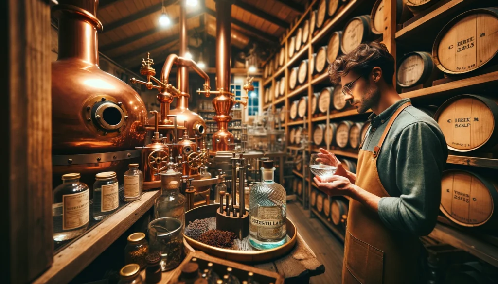 un'immagine generata con l'AI di un bartender all'interno di una distilleria artigianale. Dietro di lui uno scaffale a tutta parete con delle botti di legno.
