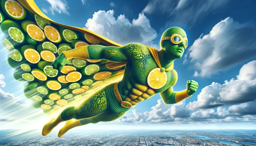 Un immagine generata dalla AI che mostra un supereroe che vola in cielo. Il supereroe ha un costume che ricorda la buccia del lime.