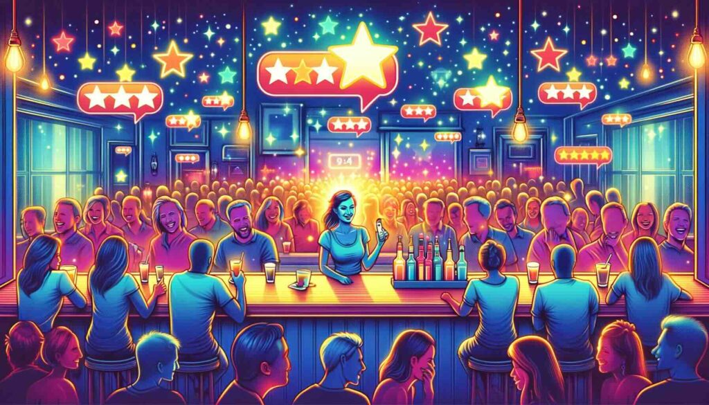 un'immagine in stile digitale generata con l'AI che raffigura un bar pieno di persone felici. nella parte alta un box con delle stelline che ricorda i box per le recensioni online.