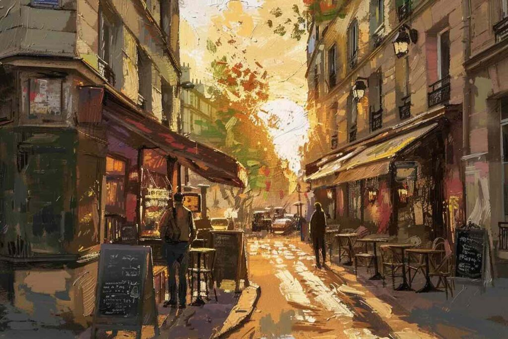 Una scena pittoresca di una strada al tramonto, con tavoli da caffè all'aperto e persone che passeggiano, catturata in uno stile impressionistico con colori vibranti.