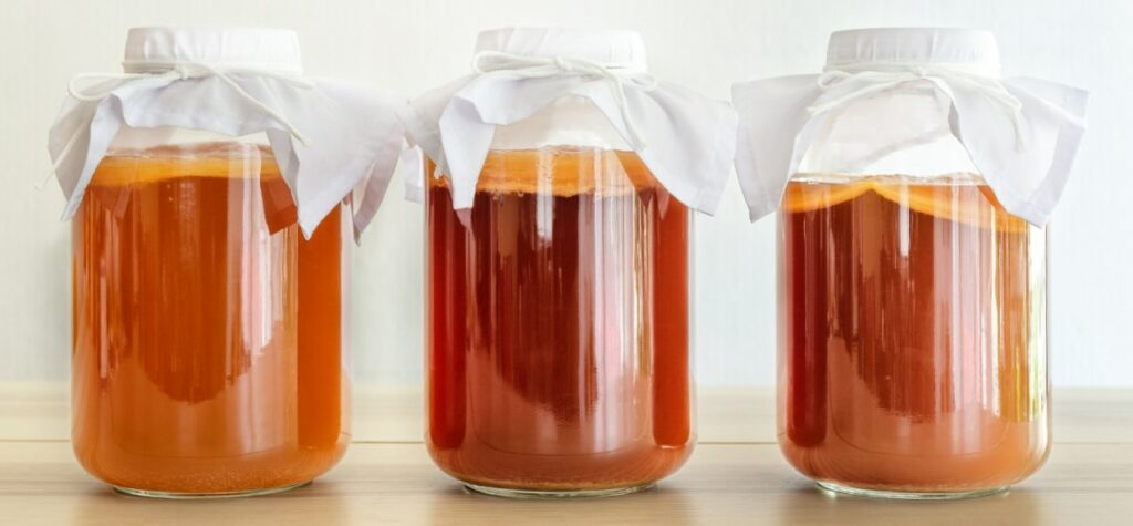 3 vasi di kombucha su un tavolo