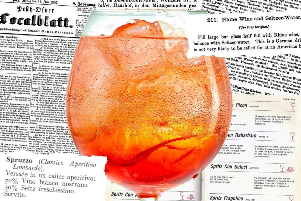 un collage di immagini. in primo piano il bevante di un calice da vino contenente il cocktail Spritz con ghiaccio. Sullo sfondo dei ritagli di vecchi articoli di giornali e libri.