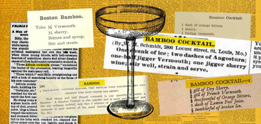 L’immagine mostra una collezione di ritagli storici che descrivono diverse versioni del Bamboo Cocktail, con testi datati e stili tipografici vintage. Al centro dell’immagine c’è un’illustrazione di un bicchiere da cocktail stilizzato. I ritagli includono istruzioni dettagliate per la preparazione del Bamboo Cocktail, con vari ingredienti come vermouth, sherry, amari e altri elementi distintivi. Alcuni testi evidenziano varianti regionali come il “Boston Bamboo” e citazioni di preparazioni con ingredienti specifici, come l’uso di Angostura e sciroppi.
