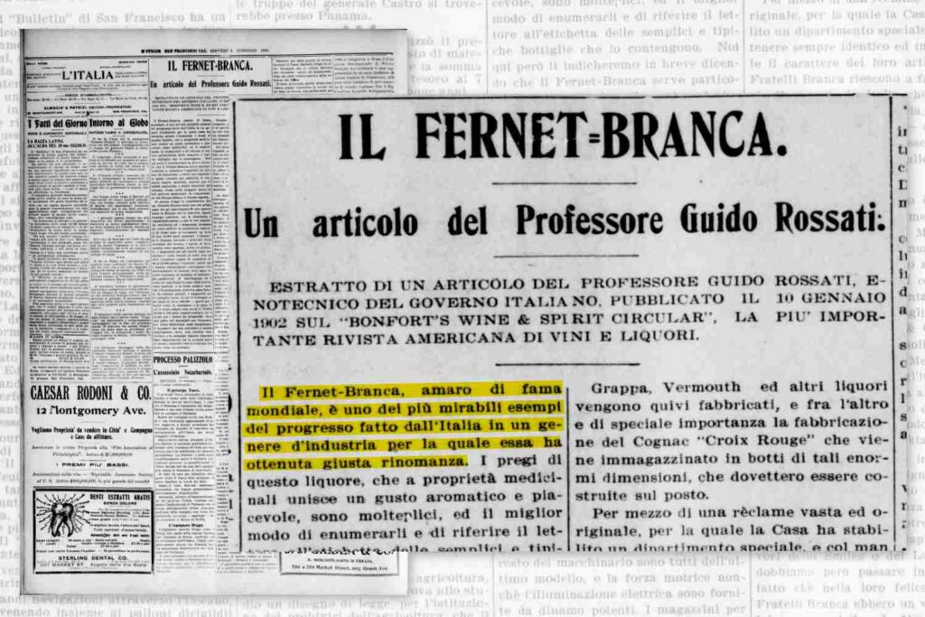 Un articolo di un vecchio quotidiano che parla del Fernet Branca elogiandone le qualità.