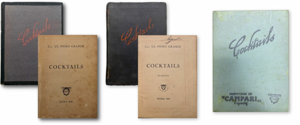 3 edizioni del libro "Cocktails" di Piero Grandi datate 1926 e 1927.