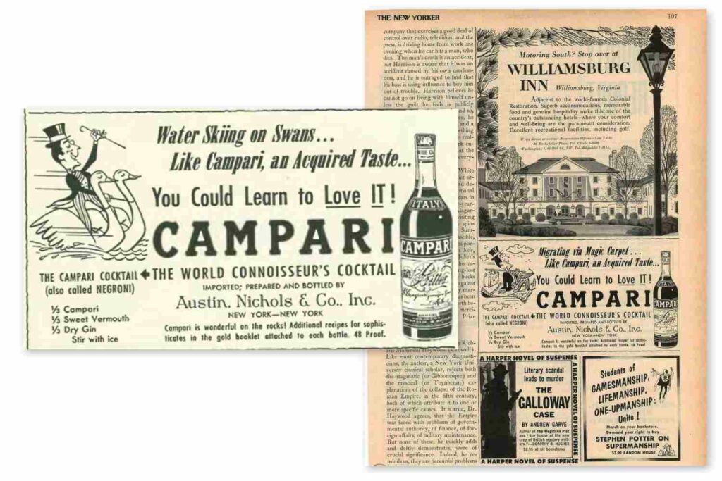 Pubblicità sul New Yorker del 1956 dell’azienda “Austin Nichols & Co.” e del prodotto “Campari” negli Stati Uniti d’America.