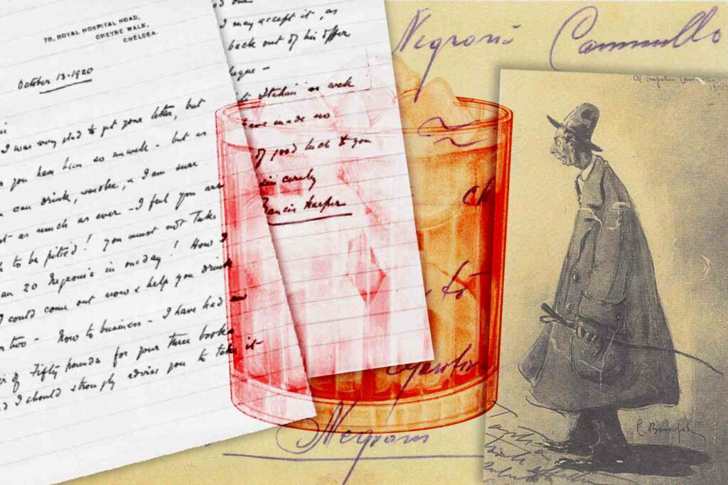 Collage digitale di immagini con una lettera scritta a mano e una cartolina che ritrae il conte Camillo Negroni. In primo piano un bicchiere tipo tumbler basso che contiene un liquido rosso (negroni cocktail).