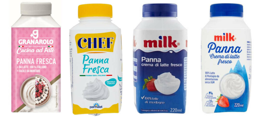 alcuni barattolini in tetrapak di panna fresca di varie marche.