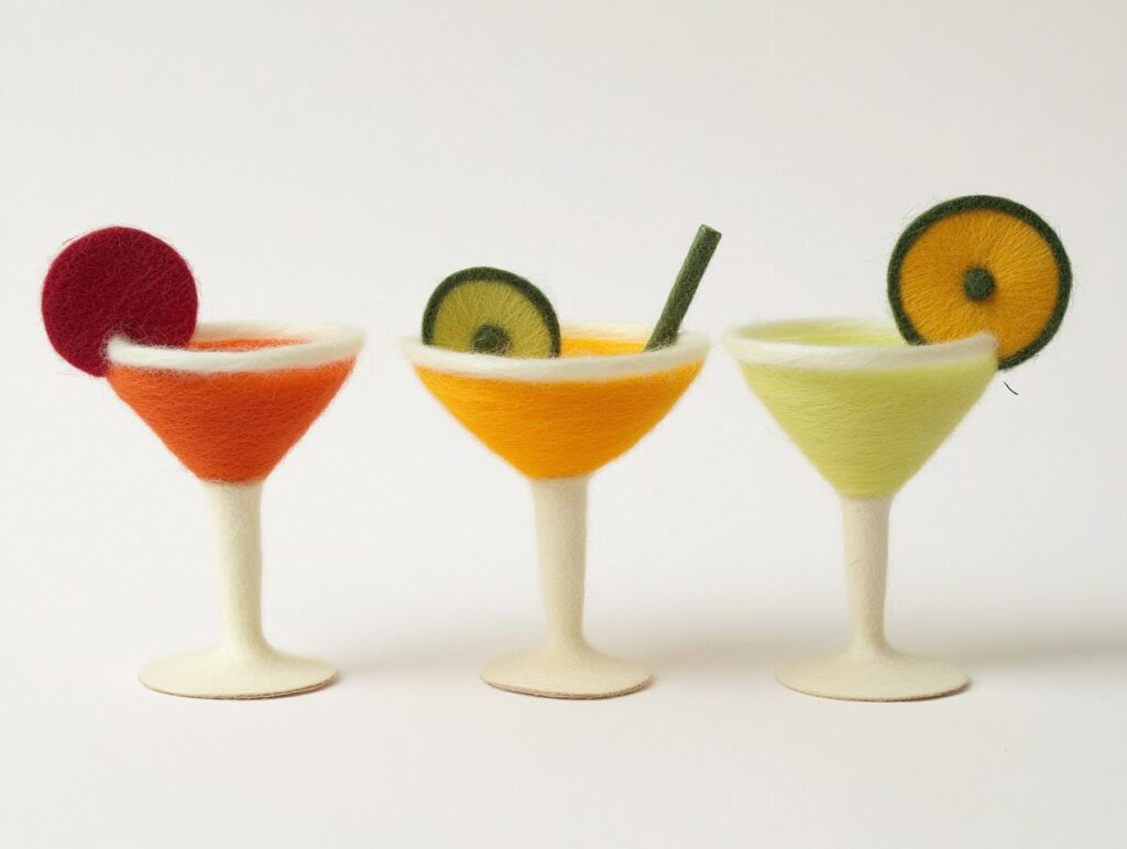 Un'immagine generata con l'AI che raffigura 3 coppette da cocktail in feltro.