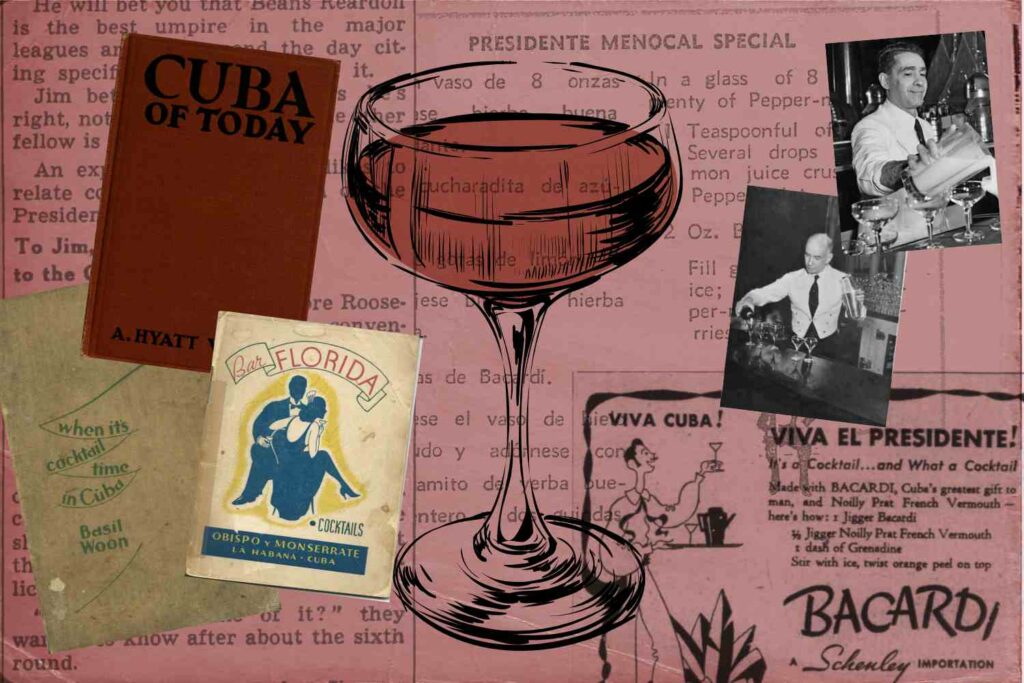 Collage digitale di immagini con alcune copertine di libri di cocktail storici (Cuba of Today, La Florida Cocktails, When it's cocktail time in Cuba) e du efoto storiche di due bartenders dell'epoca (Eddie Woelke e Costante Ribalaigua). Al centro un'illustrazione di coppetta da cocktail con un liquido marroncino all'interno che simboleggia il cocktail "El Presidente".