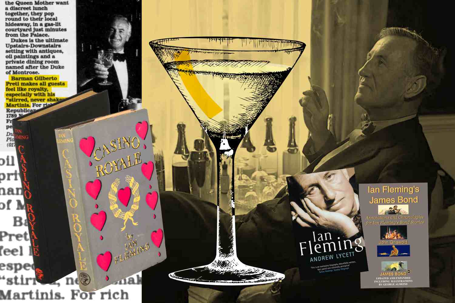 Collage digitale di immagini. Al centro un disegno (schizzo) del Vesper Martini in una coppetta. Ai lati delle copertine di libri su Ian Fleming, la copertina del libro Casino Royale e sullo sfondo una foto di Ian Fleming e un articolo di un vecchia rivista.