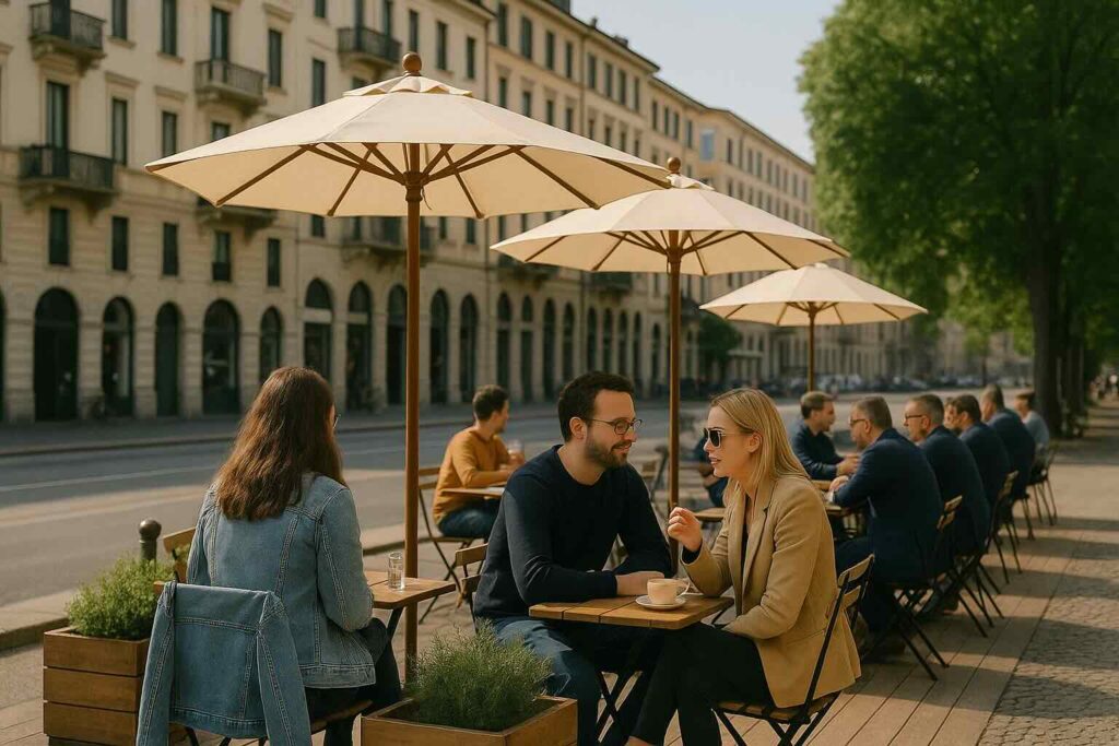 Scena urbana con diversi tavolini esterni disposti lungo un marciapiede alberato. Le persone, sedute sotto grandi ombrelloni bianchi, sorseggiano bevande e conversano in un’atmosfera rilassata. L’immagine trasmette il valore dell’esperienza all’aperto e l’importanza del dehors come leva di marketing per bar e locali durante la stagione primaverile ed estiva
