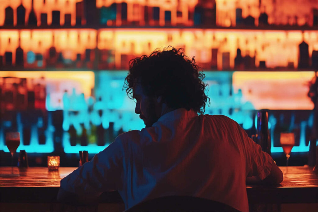 immagine che ritrae un cliente di spalle seduto al bancone di un bar