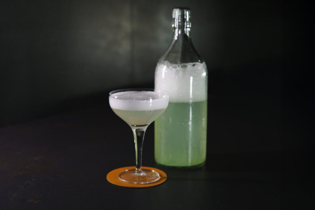 su un tavolo una bottiglia e un bicchiere da cocktail contenenti un fermentato di fiori di sambuco utilizzato come ingrediente nel cocktail "hugo dal futuro"
fermentazione alcolica spontanea