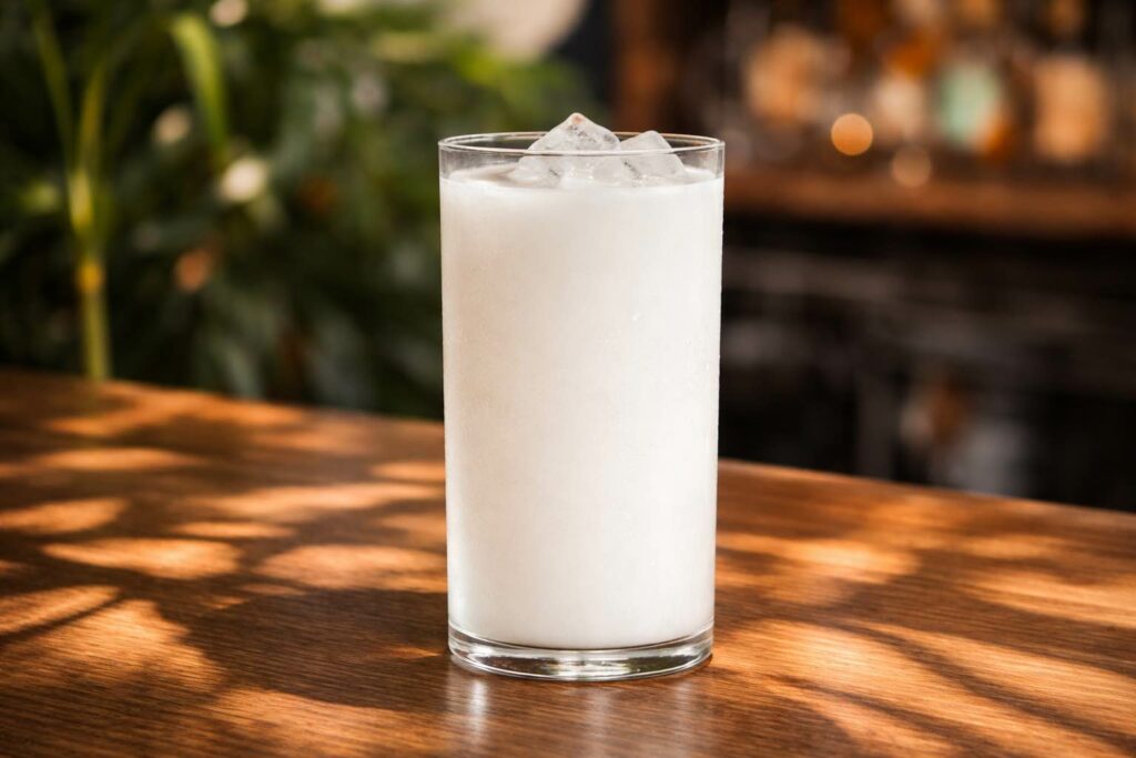 Cocktail bianco opaco servito in un bicchiere da long drink con ghiaccio, appoggiato su un banco bar in legno con luce naturale e sfondo sfuocato con piante tropicali.