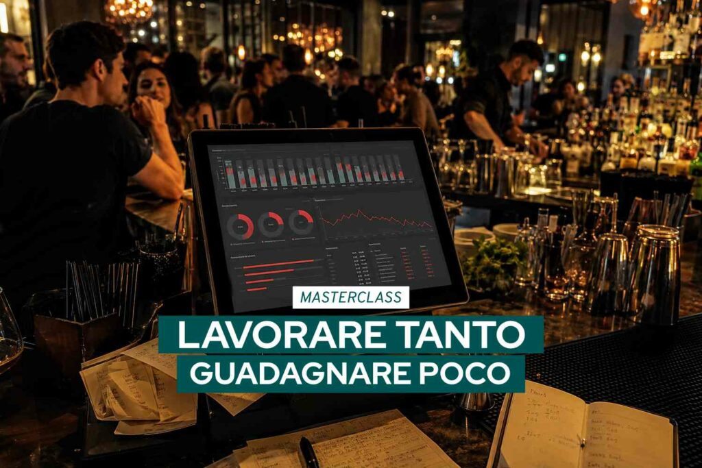 Un moderno sistema POS installato sul banco di un cocktail bar durante un intenso servizio serale. Sullo schermo sono visibili dashboard gestionali e indicatori di performance con diversi grafici in calo, in contrasto con l’atmosfera vivace del locale affollato sullo sfondo. Un’immagine che rappresenta il divario tra volume di vendite e reale redditività di un’attività nel settore hospitality.