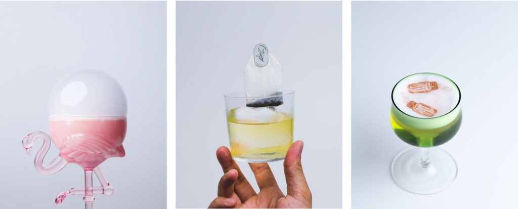 3 foto di cocktail progettati da Jessy Santin per cocktail competition. A sinistra un cocktail rosa all'interno di un bicchiere in vetro a forma di fenicottero e decorato con una bolla di fumo. Al centro un cocktail a base di tè servito in un tumbler basso con un chunk di ghiaccio e decorato con una bustina di te. A destra un cocktail verde con una foam in superficie decorata con una stampa commestibile di due spargisale.