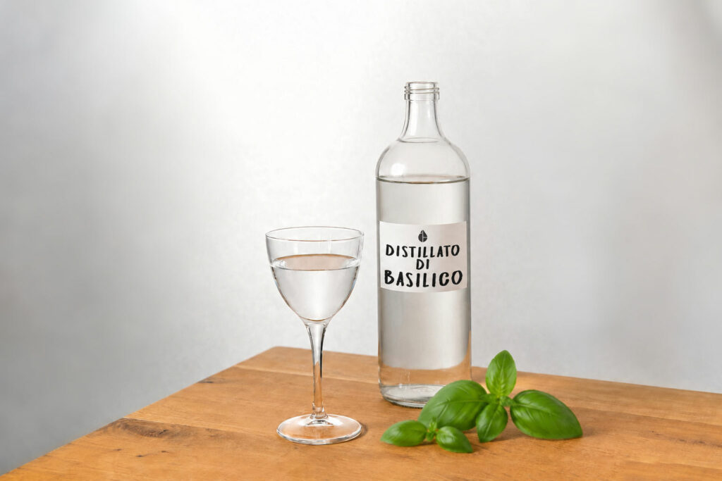 Su un tavolo di legno una bottiglia con accanto una coppetta da cocktail contenenti il distillato di basilico. Ai piedi della bottiglia alcune foglie di basilico