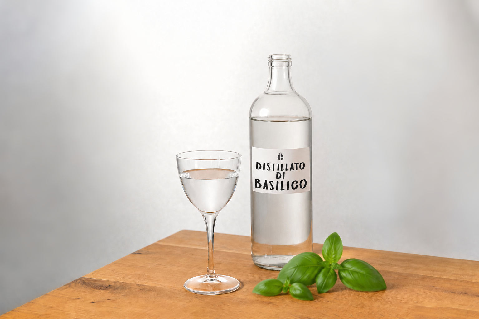 Su un tavolo di legno una bottiglia con accanto una coppetta da cocktail contenenti il distillato di basilico. Ai piedi della bottiglia alcune foglie di basilico