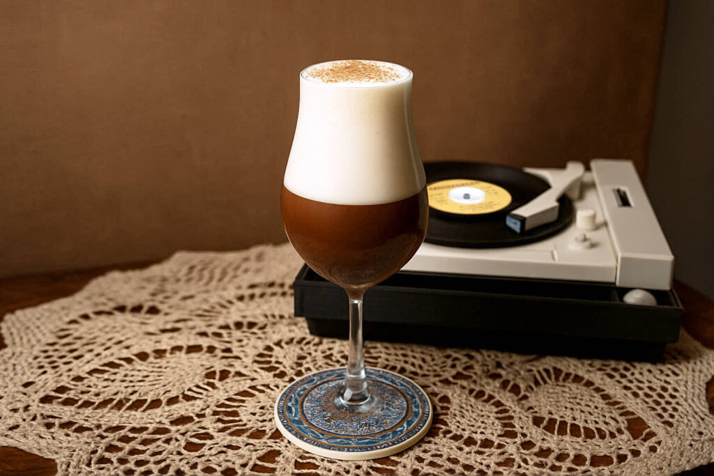 Su un vecchio tavolo in legno con un grande centrotavola in pizzo, il cocktail Donn Beach Breakfast. Il cocktail si presenta come un Irish coffee, ma all'interno di un piccolo calice da degustazione con una spolverata di noce moscata in superficie. sullo sfondo un vecchio giradischi a 45 giri.