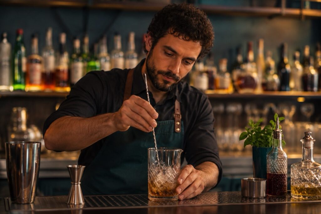 Barman professionista durante il servizio dietro il bancone di un cocktail bar